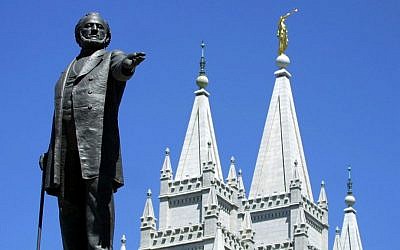 A statue of Brigham Young at the Mormon Temple in Salt Lake City, Utah. (George Frey/AFP/Getty Images/via JTA)