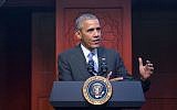 President Barack Obama speaks to members of the Muslim-American community at the Islamic Society of Baltimore, Wednesday, Feb. 3, 2016, in Baltimore, Md. Obama was making his first visit to a U.S. mosque at a time Muslim-Americans say they're confronting increasing levels of bias in speech and deeds. (AP Photo/Pablo Martinez Monsivais)