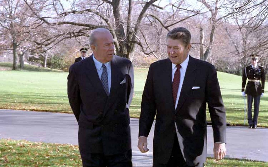 President Ronald Reagan walking with Secretary of State George Shultz outside of the Oval Office, December 4, 1986 (Ronald Reagan Presidential Library) President Ronald Reagan walking with Secretary of State George Shultz outside of the Oval Office, December 4, 1986 (Ronald Reagan Presidential Library)