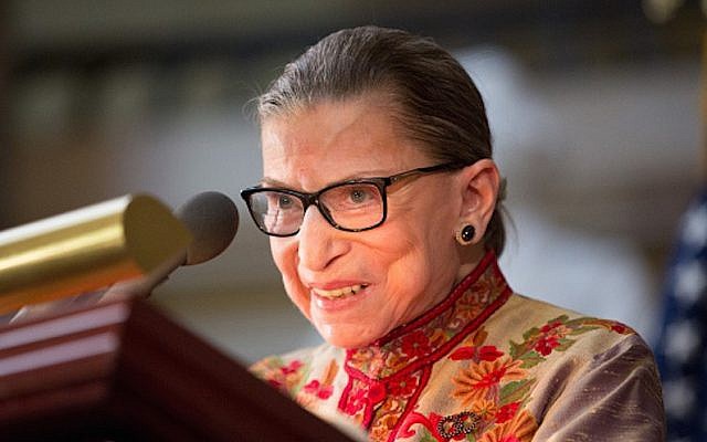 US Supreme Court Justice Ruth Bader Ginsburg speaking at an annual Women's History Month reception hosted by House Minority Leader Nancy Pelosi at the U.S. Capitol in Washington, D.C., March 18, 2015. (Allison Shelley/Getty Images/via JTA) US Supreme Court Justice Ruth Bader Ginsburg speaking at an annual Women's History Month reception hosted by House Minority Leader Nancy Pelosi at the U.S. Capitol in Washington, D.C., March 18, 2015. (Allison Shelley/Getty Images/via JTA)
