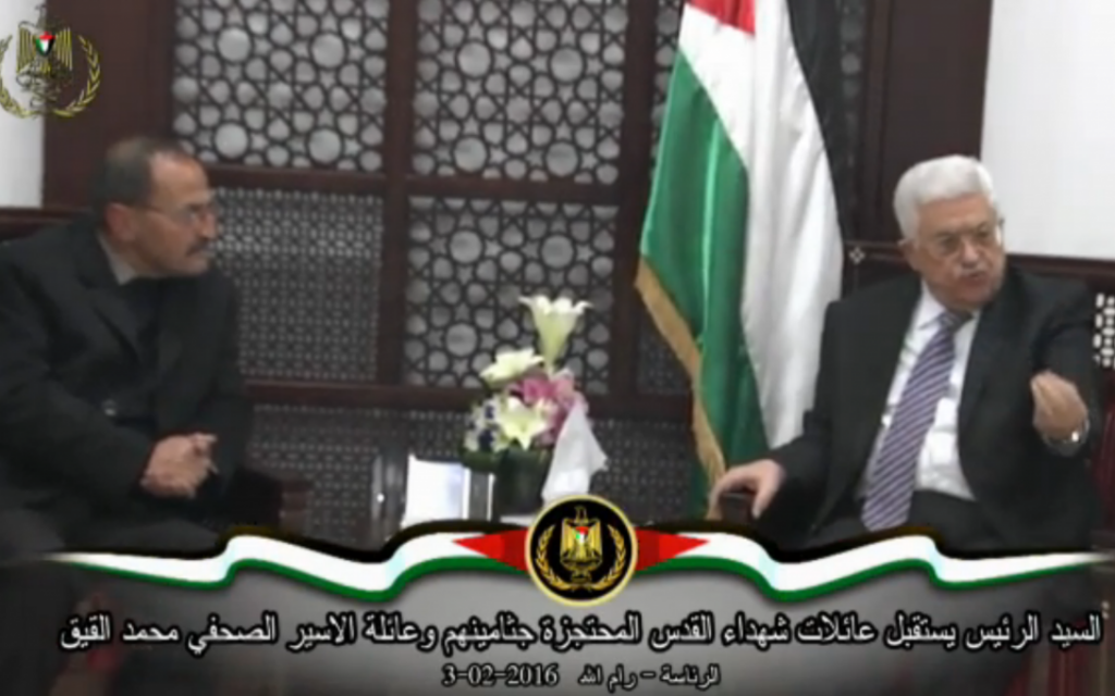 Palestinian Authority President Mahmoud Abbas meets with families of Palestinian terrorists in Ramallah on Wednesday, February 3, 2016. (screen capture: Ynet) Palestinian Authority President Mahmoud Abbas meets with families of Palestinian terrorists in Ramallah on Wednesday, February 3, 2016. (screen capture: Ynet)