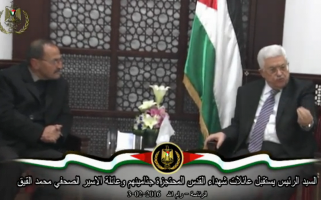 Palestinian Authority President Mahmoud Abbas meets with families of Palestinian terrorists in Ramallah on Wednesday, February 3, 2016. (screen capture: Ynet) Palestinian Authority President Mahmoud Abbas meets with families of Palestinian terrorists in Ramallah on Wednesday, February 3, 2016. (screen capture: Ynet)