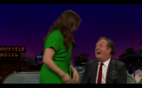 Mayim Bialik prepares to show Piers Morgan her cleavage on the Late Late Show on February 9, 2016. (screen capture: CBS/YouTube)