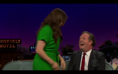 Mayim Bialik prepares to show Piers Morgan her cleavage on the Late Late Show on February 9, 2016. (screen capture: CBS/YouTube) Mayim Bialik prepares to show Piers Morgan her cleavage on the Late Late Show on February 9, 2016. (screen capture: CBS/YouTube)