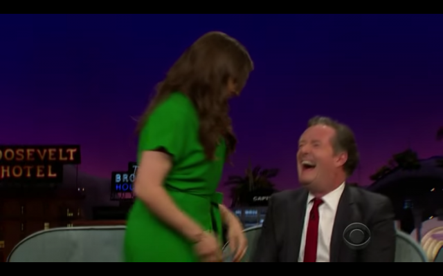Mayim Bialik prepares to show Piers Morgan her cleavage on the Late Late Show on February 9, 2016. (screen capture: CBS/YouTube) Mayim Bialik prepares to show Piers Morgan her cleavage on the Late Late Show on February 9, 2016. (screen capture: CBS/YouTube)