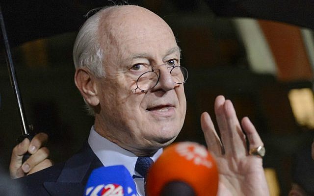 UN Syria envoy Staffan de Mistura gestures during a press briefing at the Syrian peace talks on February 3, 2016 in Geneva. (FABRICE COFFRINI / AFP) UN Syria envoy Staffan de Mistura gestures during a press briefing at the Syrian peace talks on February 3, 2016 in Geneva. (FABRICE COFFRINI / AFP)