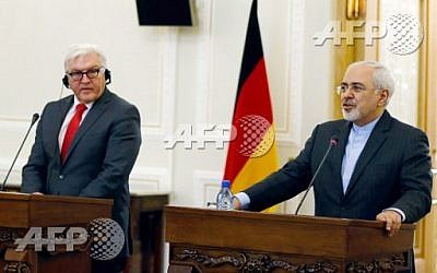 Iran's Foreign Minister Mohammad Javad Zarif (R) holds a press conference with his German counterpart, Frank-Walter Steinmeier, on February 2, 2016, in Tehran. Iran's Foreign Minister Mohammad Javad Zarif (R) holds a press conference with his German counterpart, Frank-Walter Steinmeier, on February 2, 2016, in Tehran.