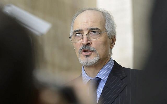 Syrian chief negotiator and the country's Ambassador to the UN Bashar Ja'afari speaks to the media after a round of negotiations between the Syrian government and the opposition at the European headquarters of the United Nations in Geneva, Switzerland, February 2, 2016. (Laurent Gillieron/Keystone via AP) Syrian chief negotiator and the country's Ambassador to the UN Bashar Ja'afari speaks to the media after a round of negotiations between the Syrian government and the opposition at the European headquarters of the United Nations in Geneva, Switzerland, February 2, 2016. (Laurent Gillieron/Keystone via AP)