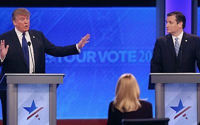 Republican presidential candidates Donald Trump (left) and Sen. Ted Cruz (R-TX) participate in the Republican presidential debate in Manchester, New Hampshire, February 6, 2016. (Joe Raedle/Getty Images via JTA)