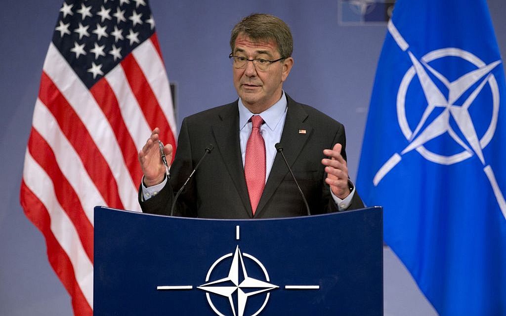 US Secretary of Defense Ash Carter speaks during a media conference at NATO headquarters in Brussels on Thursday, Feb. 11, 2016. (AP Photo/Virginia Mayo)