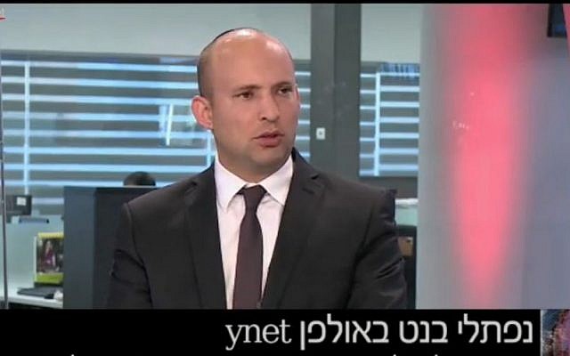 Jewish Home leader Naftali Bennett interviewed in the Ynet studio on Sunday, February 14, 2016. (Screen capture Ynet) Jewish Home leader Naftali Bennett interviewed in the Ynet studio on Sunday, February 14, 2016. (Screen capture Ynet)