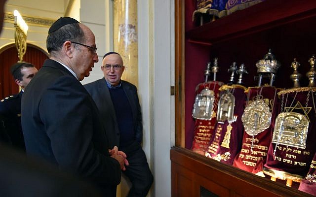 Defense Minister Moshe Ya'alon looking at Torah scrolls in Bern, Switzerland, on February 10, 2016. (Ariel Hermoni/Defense Ministry) Defense Minister Moshe Ya'alon looking at Torah scrolls in Bern, Switzerland, on February 10, 2016. (Ariel Hermoni/Defense Ministry)