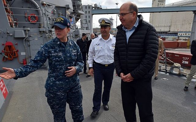 File: Moshe Yaalon, right, during a tour of the USS Carney docked in Haifa, on February 22, 2016. (Ariel Hermoni/Defense Ministry) File: Moshe Yaalon, right, during a tour of the USS Carney docked in Haifa, on February 22, 2016. (Ariel Hermoni/Defense Ministry)