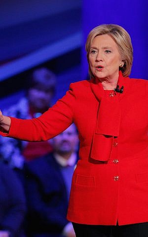 Democratic presidential candidate Hillary Clinton participating in a town hall forum at Drake University in Des Moines, Iowa, Jan. 25, 2016. (Justin Sullivan/Getty Images, via JTA)