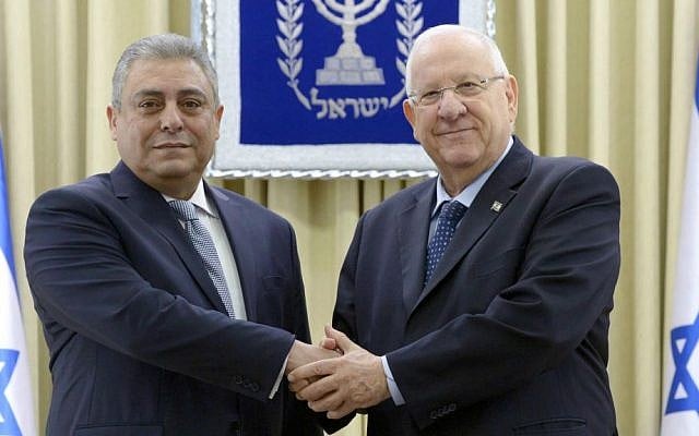 Egypt's new ambassador to Israel, Hazem Khairat, with President Reuven Rivlin in Jerusalem, February 25, 2016 (Mark Neiman/GPO)