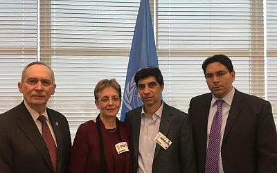 UN official Edmund Mulet (L) meets with Lea and Simha Goldin, the parents of fallen IDF soldier Hadar Goldin, whose body is being held by Hamas, and Israel's UN envoy Danny Danon (R) at the UN headquarters in New York on February 7, 2016 (photo: Israel's mission to the UN) 