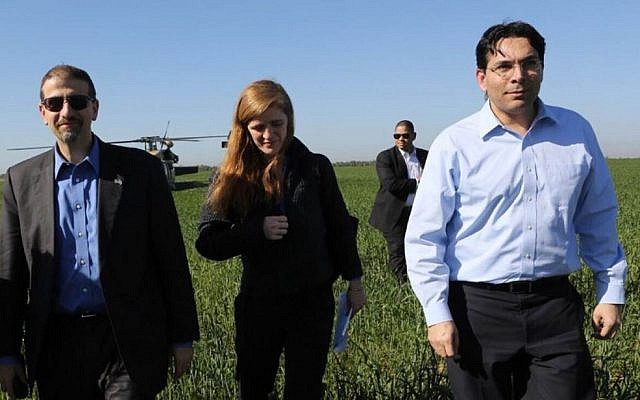 US ambassador to Israel Dan Shapiro (L), US ambassador to the UN Samantha Power (C) and Israeli ambassador to the UN Danny Danon on February 16, 2016 (Avi Dudi)