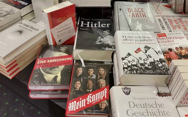 Books about Hitler and Nazism are prominently displayed a Berlin bookstore (Raphael Ahren/TOI)