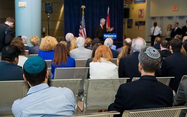 Former President Bill Clinton speaks at a private campaign stop with members of the South Florida Jewish community on behalf of his wife, Hillary Clinton, February 15, 2016 (Courtesy, Hillary for America)