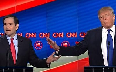 Republican presidential candidates Marco Rubio (L) and Donald Trump in a heated exchange over Israel during a CNN debate, February 25, 2016 (YouTube screen capture)