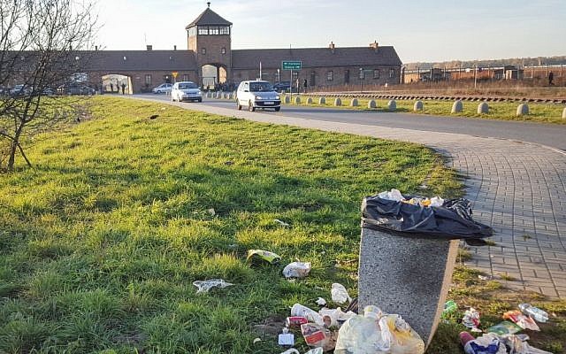 The SS 'tower of death' entrance to the former Auschwitz-Birkenau death camp in Poland, under which trains of Jewish deportees passed in 1944, when a spur was added to the existing track. The November 2015 photo was taken from outside the camp entrance. (Matt Lebovic/The Times of Israel)