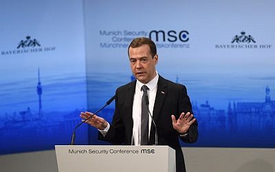 Russian Prime Minister Dmitry Medvedev speaks during a panel discussion at the second day of the 52nd Munich Security Conference (MSC) in Munich, southern Germany, on February 13, 2016. (AFP / Christof)
