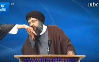 Screen capture from an MBC comedy sketch parodying Hezbollah leader Hassan Nasrallah. (YouTube/Mishel Zarifeh)
