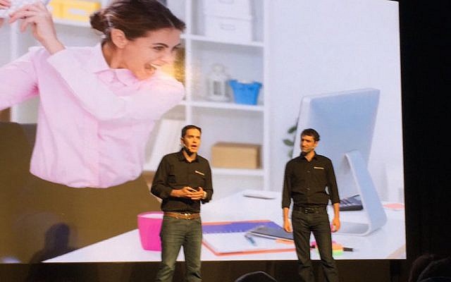 OwnBackup CEO Sam Gutmann (L) and Vice President Ori Yankelev on stage at the Microsoft Ventures Accelerator Israel Demo Day, Februeary 5, 2016 (Courtesy) OwnBackup CEO Sam Gutmann (L) and Vice President Ori Yankelev on stage at the Microsoft Ventures Accelerator Israel Demo Day, Februeary 5, 2016 (Courtesy)