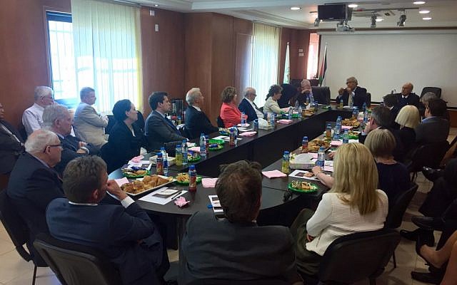 Members of the Conservative Friends of Israel delegation and the Peers Group of the All-Party Britain-Israel Parliamentary Group meet with PLO officials in Ramallah, February 17, 2016. (James Gurd) Members of the Conservative Friends of Israel delegation and the Peers Group of the All-Party Britain-Israel Parliamentary Group meet with PLO officials in Ramallah, February 17, 2016. (James Gurd)