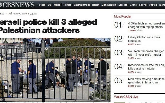 Screenshot of the CBS News website taken February 3, 2016, showing a headline about a shooting and stabbing attack by three Palestinian assailants in Jerusalem.