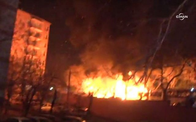 A fire breaks out following a large explosion in Ankara, Turkey, on February 17, 2016. (Screen capture: Twitter)