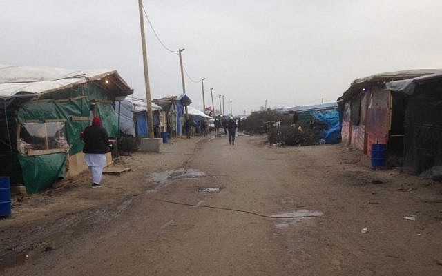 Shops and shacks in the Calais refugee camp in February 8, 2015. (Jenni Frazer/The Times of Israel)