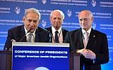 Illustrative: Prime Minister Netanyahu with the Conference of Presidents of Major American Jewish Organizations Chairman Stephen M. Greenberg (center) and Executive Vice Chairman/CEO Malcolm Hoenlein at the opening of the organization’s 42nd Leadership Mission, February 14, 2016. (Avi Hayoun)