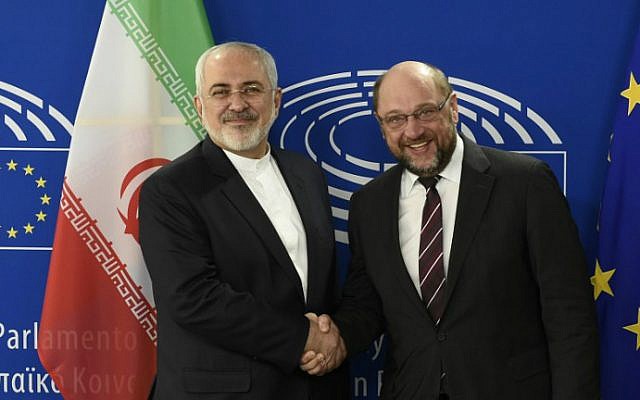European Parliament President Martin Schulz (R) welcomes Iranian Foreign Minister Mohammad Javad Zarif prior to their meeting at the European Union headquarters in Brussels on February 16, 2016 (JOHN THYS / AFP) European Parliament President Martin Schulz (R) welcomes Iranian Foreign Minister Mohammad Javad Zarif prior to their meeting at the European Union headquarters in Brussels on February 16, 2016 (JOHN THYS / AFP)