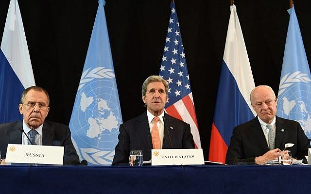 Illustrative: (L-R) Russian Foreign Minister Sergei Lavrov, US Secretary of States John Kerry and UN Special Envoy for Syria Staffan de Mistura follow a news conference after the International Syria Support Group (ISSG) meeting in Munich, southern Germany, on February 12, 2016. (AFP/Christof Stache) Illustrative: (L-R) Russian Foreign Minister Sergei Lavrov, US Secretary of States John Kerry and UN Special Envoy for Syria Staffan de Mistura follow a news conference after the International Syria Support Group (ISSG) meeting in Munich, southern Germany, on February 12, 2016. (AFP/Christof Stache)