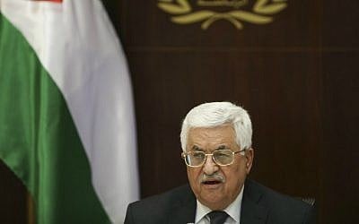 Palestinian Authority president Mahmoud Abbas heads a meeting of the Palestine Liberation Organization’s (PLO) executive committee at his office in the West Bank city of Ramallah, March 1, 2016. (Fadi Arouri/Pool/AFP)