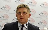 The leader of the left-wing Smer-Social Democracy party and  Prime Minister Robert Fico addresses a press conference at party headquarters on March 6, 2016 in Bratislava following general elections in Slovakia.(AFP / SAMUEL KUBANI)