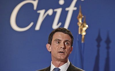 French Prime Minister Manuel Valls delivers a speech during the annual dinner of the Representative Council of France's Jewish Associations (CRIF) in Paris on March 7, 2016. (AFP / POOL / Michel Euler) French Prime Minister Manuel Valls delivers a speech during the annual dinner of the Representative Council of France's Jewish Associations (CRIF) in Paris on March 7, 2016. (AFP / POOL / Michel Euler)