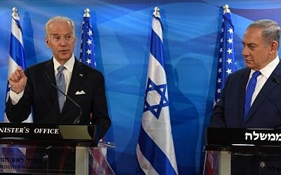US Vice President Joe Biden, left, and Prime Minister Benjamin Netanyahu give joint statements to press in the prime minister's office in Jerusalem, March 9, 2016. (AFP/POOL/DEBBIE HILL) US Vice President Joe Biden, left, and Prime Minister Benjamin Netanyahu give joint statements to press in the prime minister's office in Jerusalem, March 9, 2016. (AFP/POOL/DEBBIE HILL)