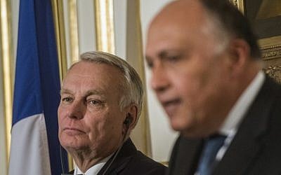 French Foreign minister Jean-Marc Ayrault during a press conference following a meeting with his Egyptian counterpart Sameh Shoukry in Cairo, March 9, 2016. (AFP/Khaled Desouki)