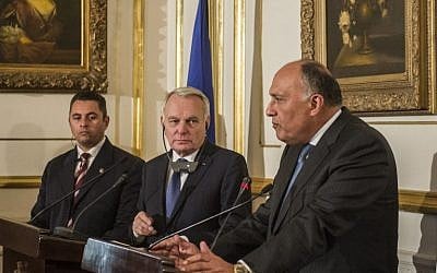 French Foreign Minister Jean-Marc Ayrault (center) listens as his Egyptian counterpart Sameh Shoukry (right) speaks during a press conference following their meeting in Cairo, on March 9, 2016. (AFP / KHALED DESOUKI)