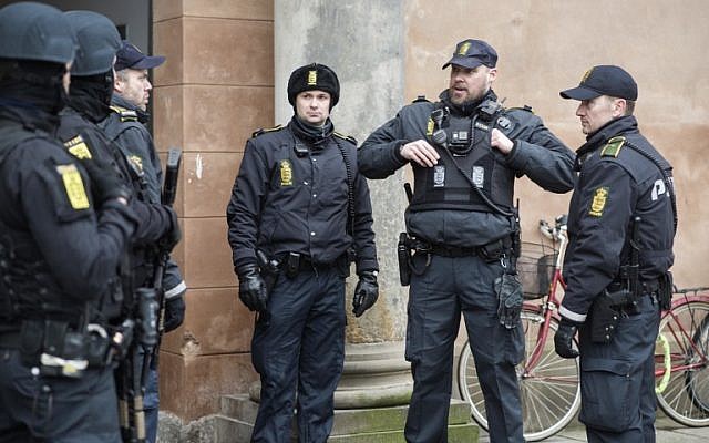 Illustrative - Danish policemen stand guard in front of the city court in Copenhagen, Denmark, March 10, 2016. (AFP/Scanpix Denmark/Emil Hougaard) Illustrative - Danish policemen stand guard in front of the city court in Copenhagen, Denmark, March 10, 2016. (AFP/Scanpix Denmark/Emil Hougaard)