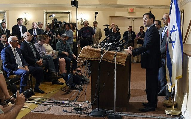 US Republican presidential candidate Marco Rubio addresses the media during a press conference about Israel on March 11, 2016 in West Palm Beach, Florida. (AFP/RHONA WISE) US Republican presidential candidate Marco Rubio addresses the media during a press conference about Israel on March 11, 2016 in West Palm Beach, Florida. (AFP/RHONA WISE)