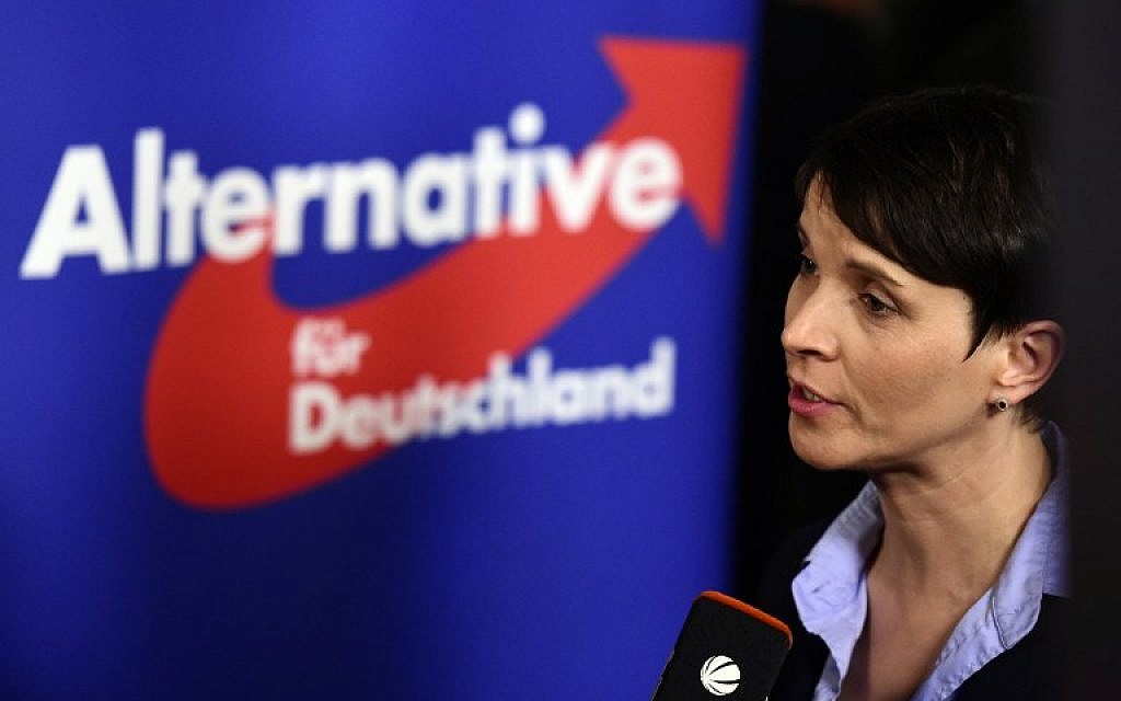 Frauke Petry, head of the right-wing populist party Alternative for Germany (AfD) party gives an interview after state elections exit poll results were announced on tv in Berlin on March 13, 2016.
(AFP / John MACDOUGALL)