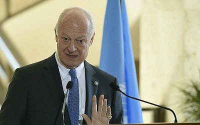 United Nations Syria envoy Staffan de Mistura speaks during a press conference in Geneva on March 14, 2016, on the first day of the second round of Syrian peace talks at UN headquarters in the Swiss city. (Philippe Desmazes/AFP)