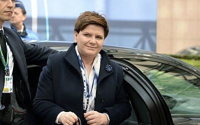 Polish Prime Minister Beata Szydlo arrives at a European Union Summit held at the EU Council building in Brussels, on March 18, 2016.  (AFP/Thierry Charlier)