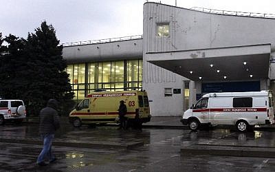 Ambulance cars are parked near the airport building in the city of Rostov-on-Don on March 19, 2016. All 61 people on board a flydubai Boeing 737 were killed when their plane crashed and burst into flames as it was landing in Rostov-on-Don, in Southern Russia, on March 19 morning, a local official said. (AFP/SERGEI VENYAVSKY)