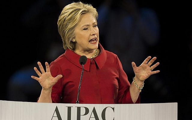 Democratic presidential candidate Hillary Clinton speaks during the 2016 AIPAC Policy Conference in Washington, DC, March 21, 2016. ( AFP / Jim Watson)