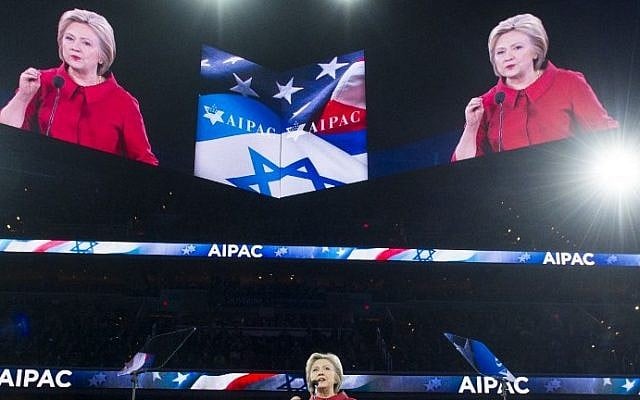 US Democratic presidential hopeful Hillary Clinton speaks during the American Israel Public Affairs Committee (AIPAC) 2016 Policy Conference at the Verizon Center in Washington, DC, March 21, 2016. (AFP/SAUL LOEB) US Democratic presidential hopeful Hillary Clinton speaks during the American Israel Public Affairs Committee (AIPAC) 2016 Policy Conference at the Verizon Center in Washington, DC, March 21, 2016. (AFP/SAUL LOEB)