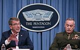 US Secretary Of Defense Ash Carter (L), flanked by Chairman of the Joint Chiefs, Gen. Joseph Dunford, speaks to the media in the Pentagon briefing room, on February 29, 2016 in Arlington, Virginia. (Mark Wilson/Getty Images/AFP)